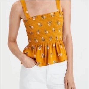 American Eagle Mustard Yellow Floral Smocked Baby Doll Tank Top Blouse Medium